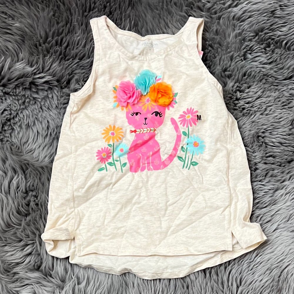 Toughskins Girl's Tank Top | Beige | Cat Theme | Size Medium